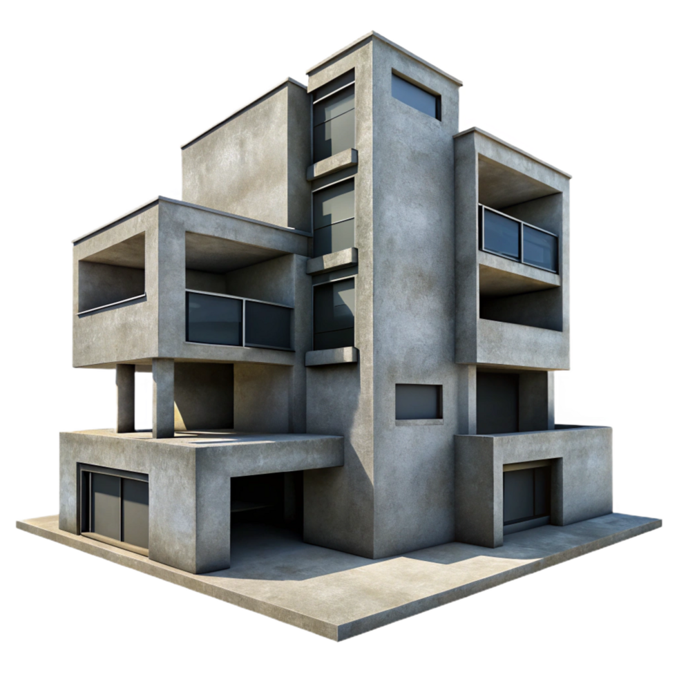 romantic pristine A Brutalist concrete apartment complex, geometric shapes, harsh shadows, monochrome, gritty, photorealistic, professional png
