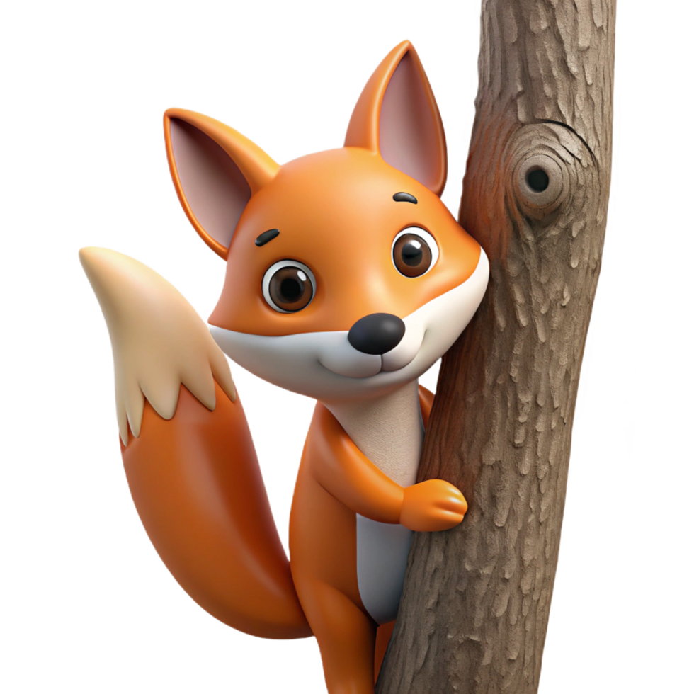 tranquil mesmerizing A curious fox peering out from behind a tree, dappled sunlight, storybook illustration style impeccable png