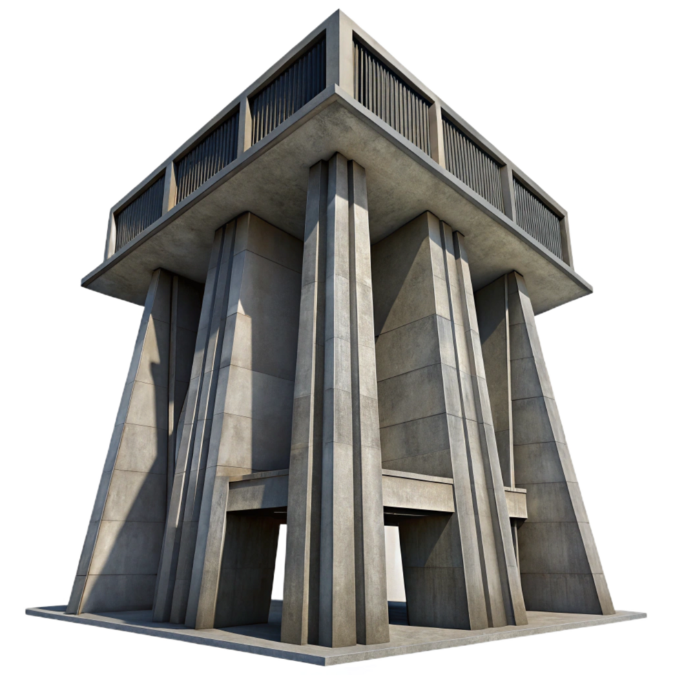 intense enchanting A towering, Brutalist concrete structure, harsh shadows, stark and imposing style, black and white photography crisp png