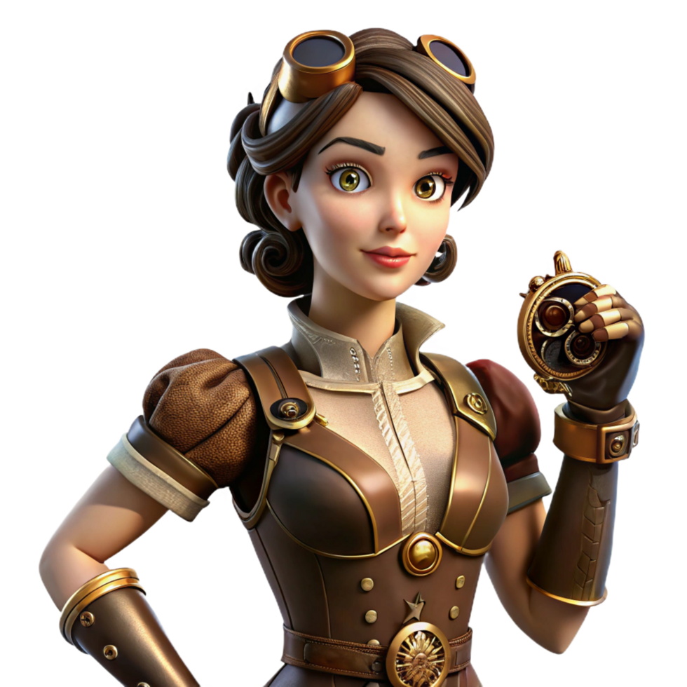 mesmerizing joyful geometric A portrait of a steampunk woman with intricate clockwork prosthetic arm, wearing a velvet and brass corset, soft, diffused lighting, art deco style precision png