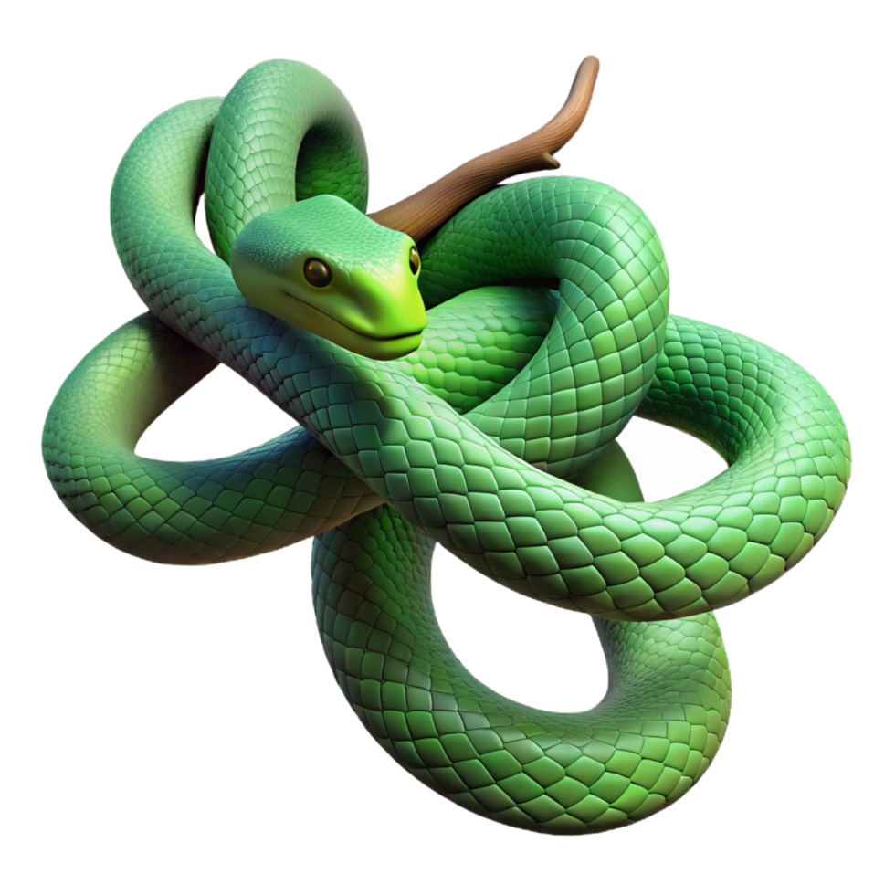 majestic remarkable A slithering green snake wrapped around a branch, realistic style, dappled sunlight, intricate scales png