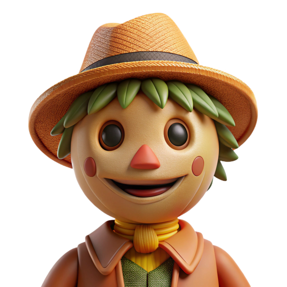 exquisite dynamic mid century Portrait of a whimsical scarecrow with a stitched smile, autumnal lighting, folk art style exclusive png