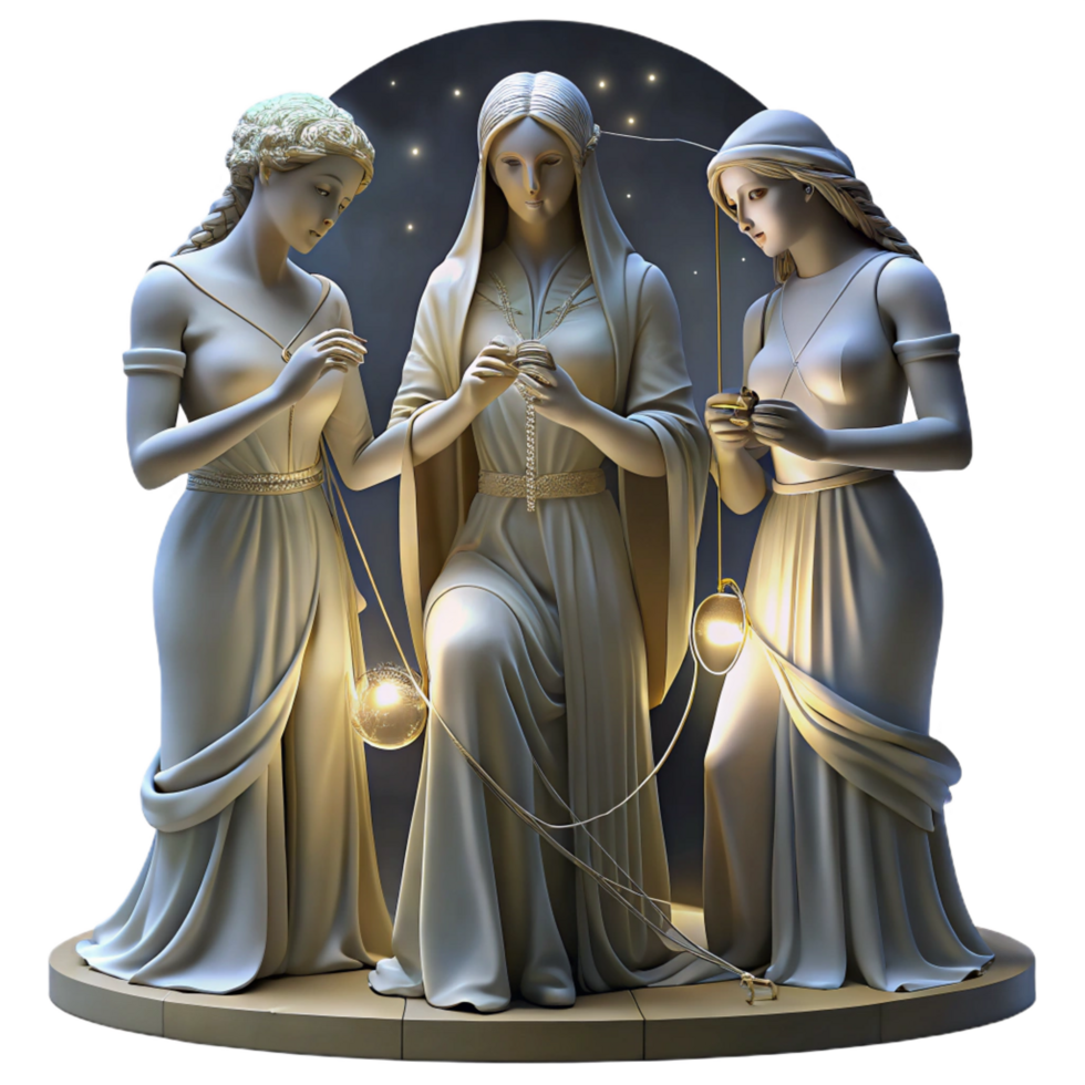 serene futuristic The Fates weaving the threads of destiny, illuminated by ethereal moonlight, pre Raphaelite style flawless png