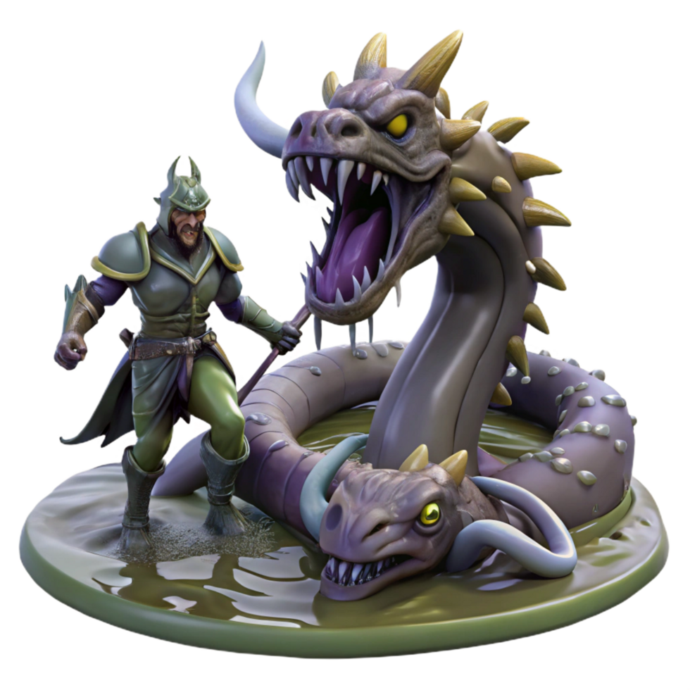 vibrant baroque A noble knight battling a monstrous hydra in a swampy mire. Dark, dramatic lighting, baroque style detailed png