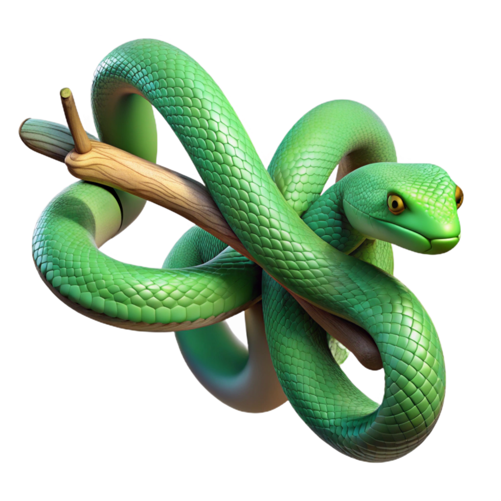 celebrated retro A slithering green snake wrapped around a branch, realistic style, dappled sunlight, intricate scales flawless png
