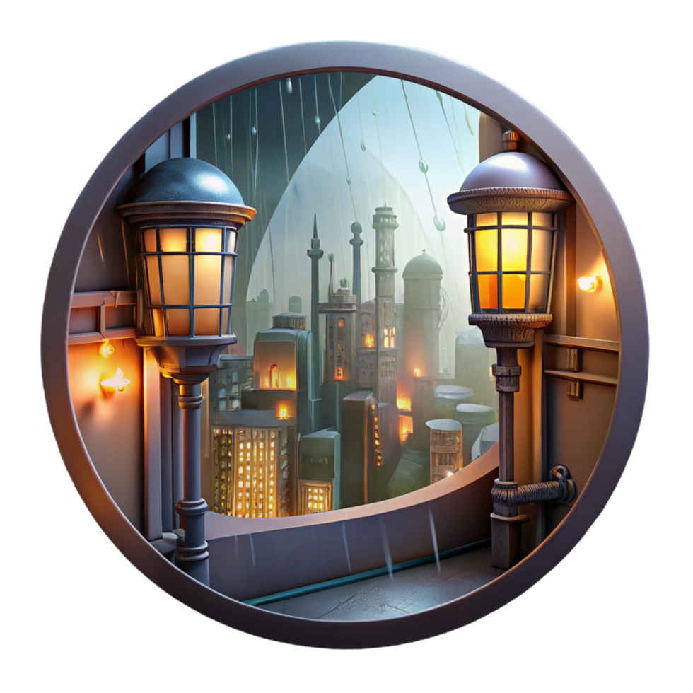 dramatic splendid A steampunk cityscape, viewed through a rain streaked window, illuminated by the flickering glow of gaslights. Impressionistic style, muted colors exclusive png