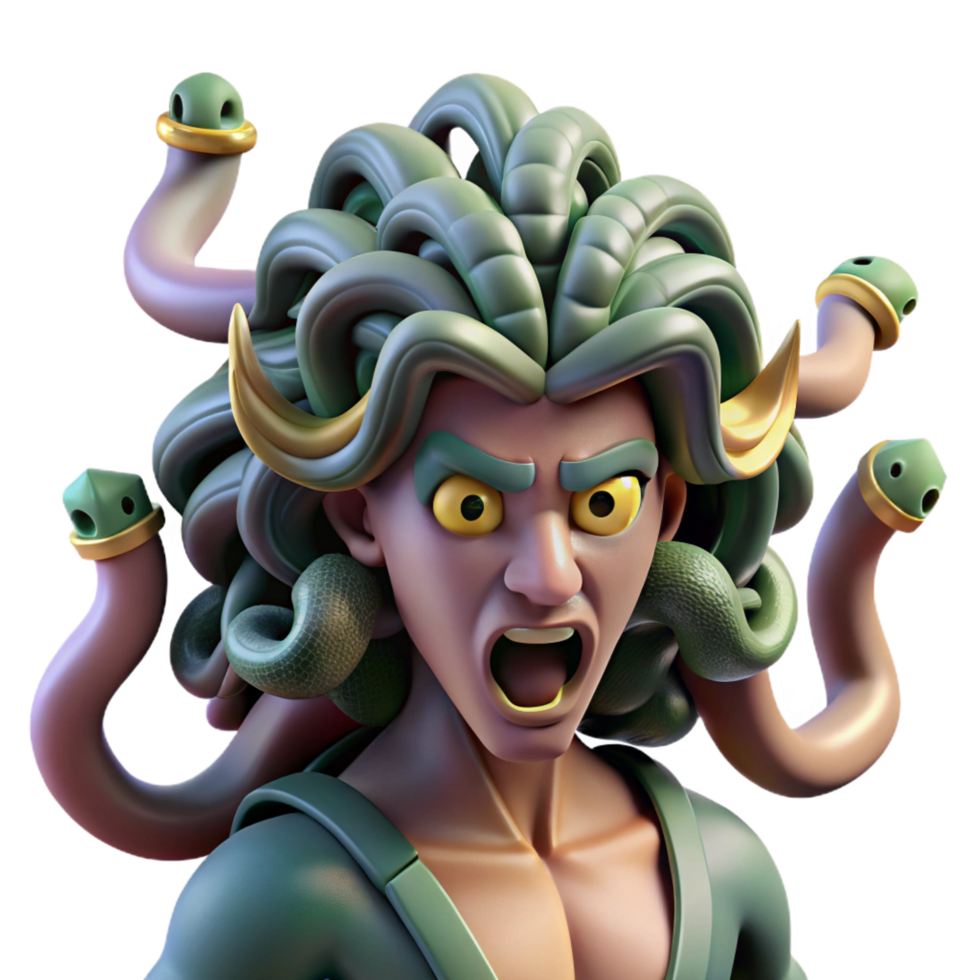 sought after surreal A fierce gorgon with snakes for hair, turning a warrior to stone, Baroque style studio quality png