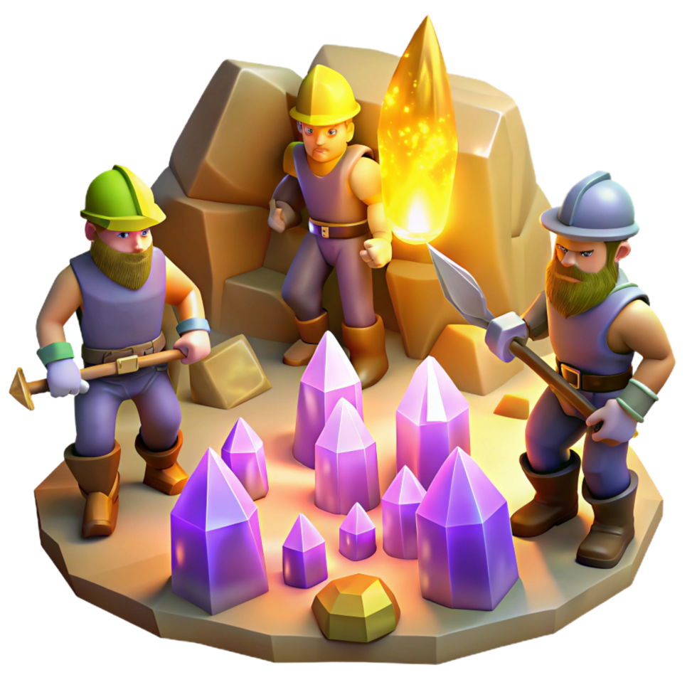 dazzling acclaimed A group of adventurous dwarves mining for gems in a cavern illuminated by glowing crystals. Warm, flickering light, fantasy realism style png