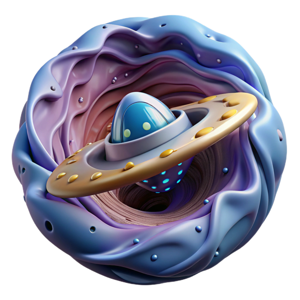 rare urban A colossal, bio mechanical spaceship emerging from a wormhole, distorting the fabric of space time, depicted in a surreal, Dali esque style 4K png