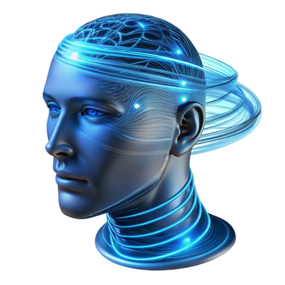 wonderful memorable A transparent human head filled with swirling lines of code, illuminated from within by a pulsating blue light, cyberpunk style png