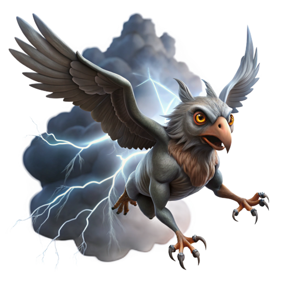 standout avant garde A vengeful harpy swooping down from the sky, stormy clouds and lightning in the background, digital painting style expertly shot png
