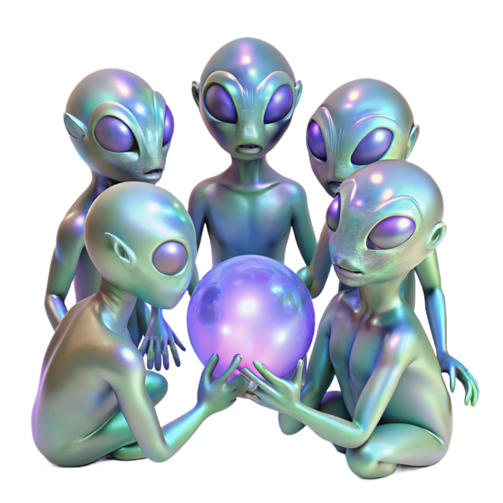 impressive intense surreal A group of alien creatures, with iridescent skin, gathered around a glowing orb, bathed in its ethereal light. Mystical lighting, fantasy style ultra HD png