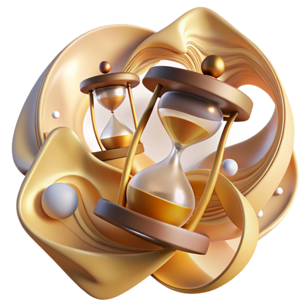 whimsical gorgeous An abstract representation of time, using fragmented clocks and swirling sand, dramatically lit handcrafted png