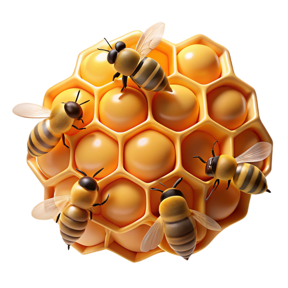 majestic sought after A swarm of honeybees buzzing around a honeycomb, golden light, macro photography style png