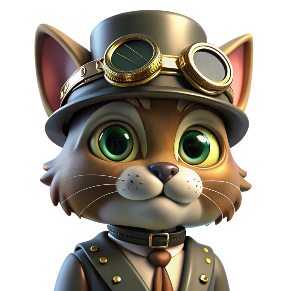 captivating tranquil classic A portrait of a steampunk cat wearing goggles and a tiny top hat, with gears and springs embedded in its fur, lit by a soft, warm lamplight detailed png