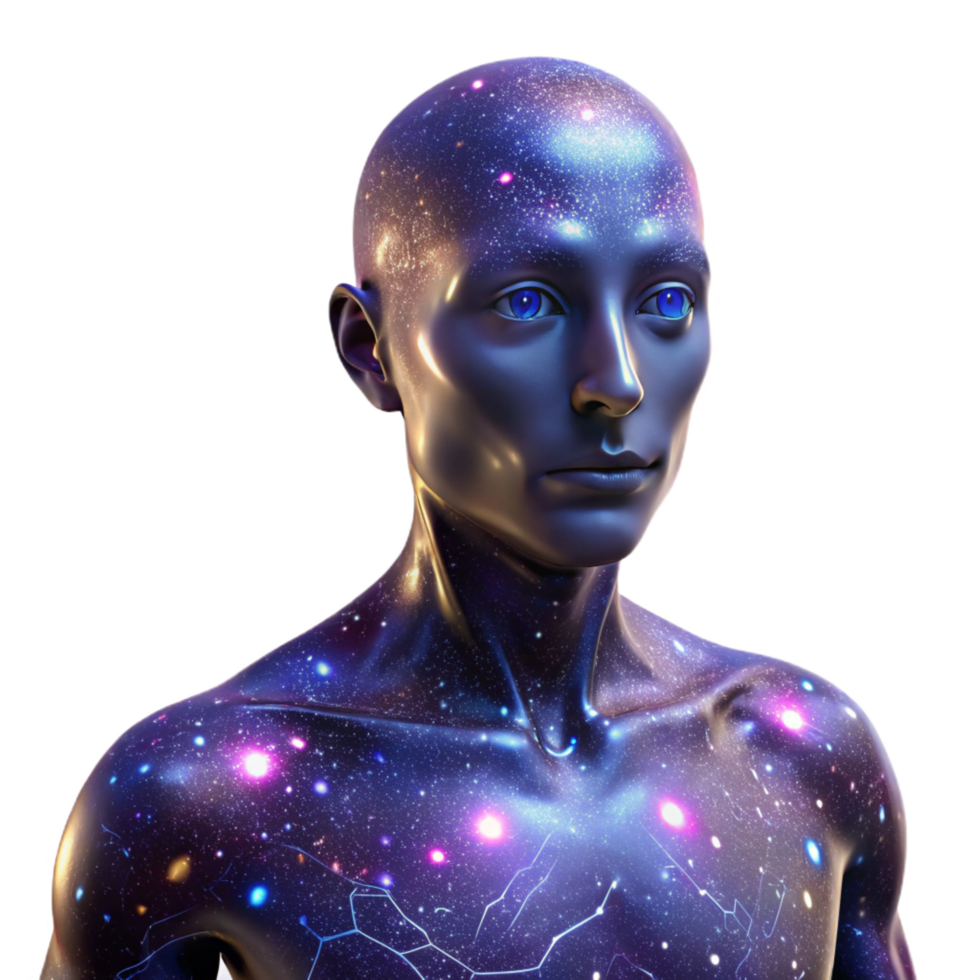 timeless coastal Portrait of an abstract humanoid form composed of swirling galaxies and nebulae, lit by the internal glow of the cosmos gallery standard png
