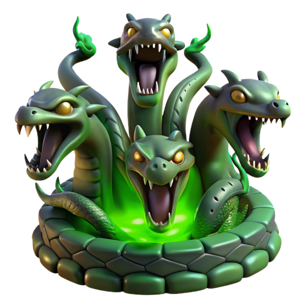 whimsical vibrant A fearsome hydra, its multiple heads hissing, emerging from a dark swamp, lit by eerie green light. Fantasy art style exclusive png