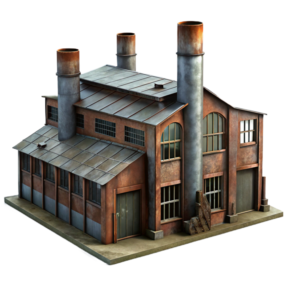 vibrant rustic Abandoned industrial factory, rusting metal and broken windows, dim overcast lighting, gritty realism style premium png