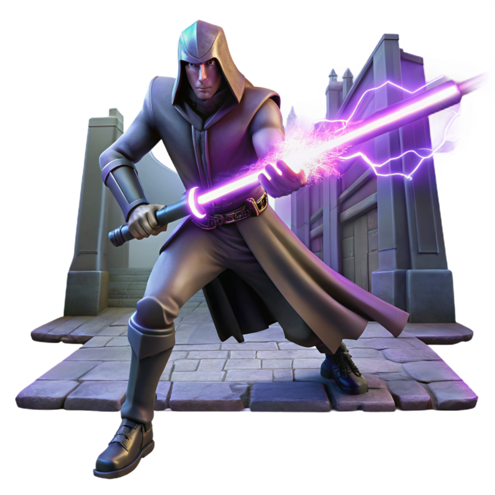 unparalleled bohemian A powerful, energy weapon, crackling with raw power, held by a cloaked figure in a darkened alleyway. Neon lighting, noir style gallery standard png