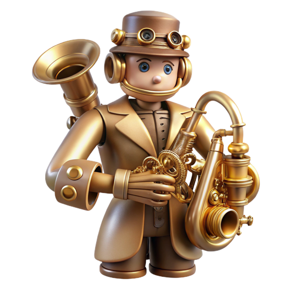 whimsical majestic A steampunk automaton musician playing a brass instrument, intricate clockwork mechanisms visible, warm stage lighting, art deco style handcrafted png