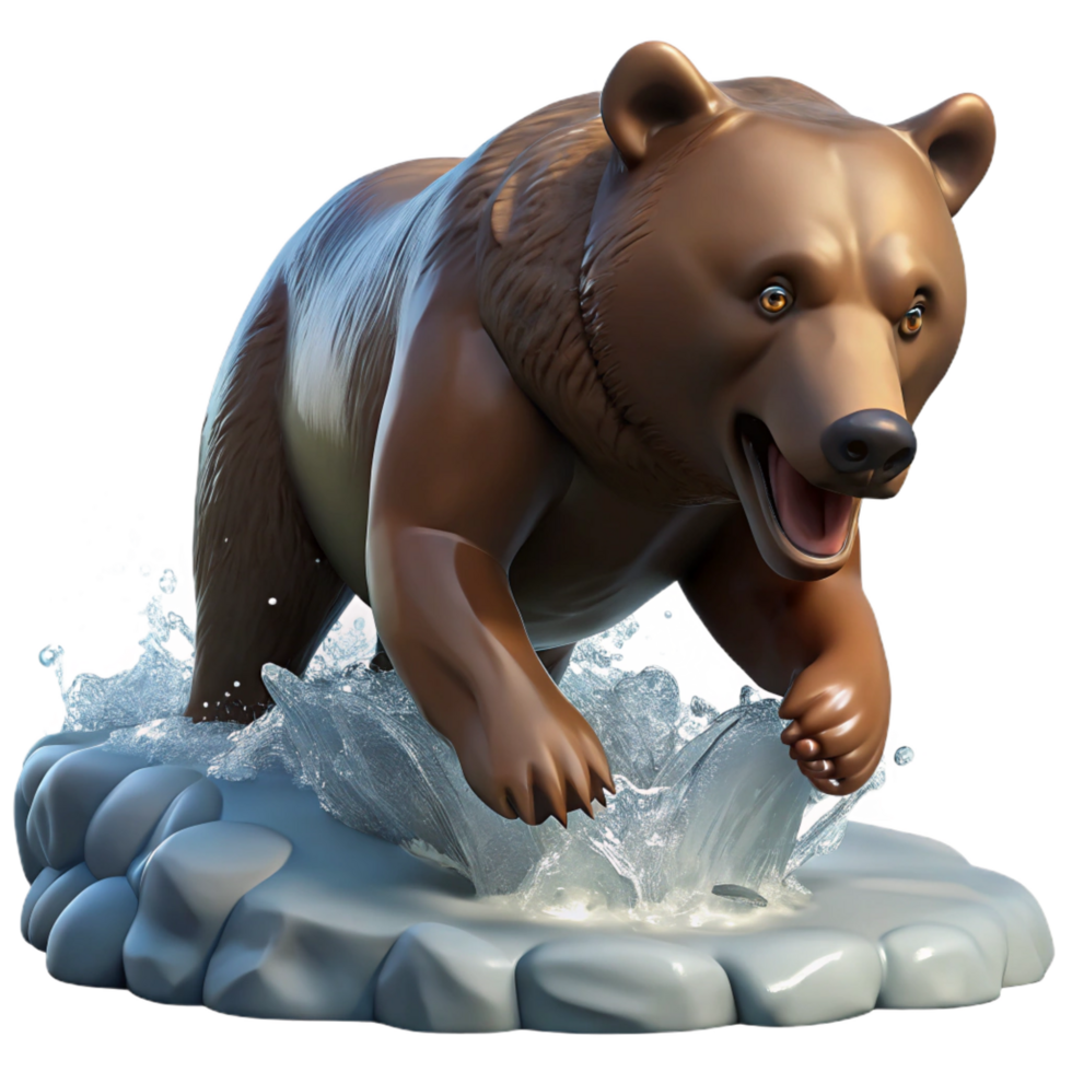iconic mid century A fierce grizzly bear fishing for salmon in a rushing river, dynamic lighting, wildlife photography style 8K png