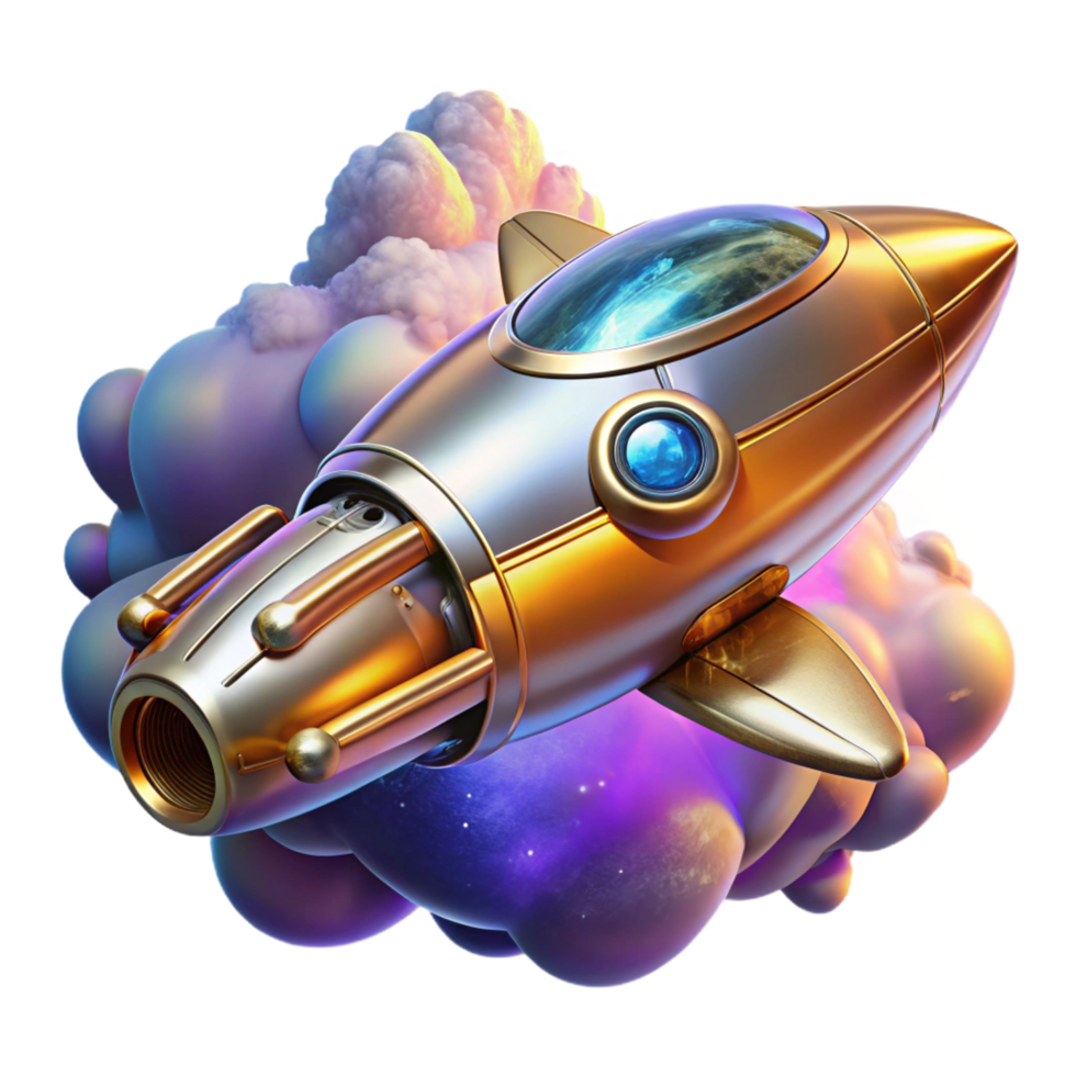 spectacular passionate renaissance A retro futuristic spaceship, chrome and brass details, flying through a nebula, illuminated by the nebula s vibrant colors, in an art deco style high resolution png