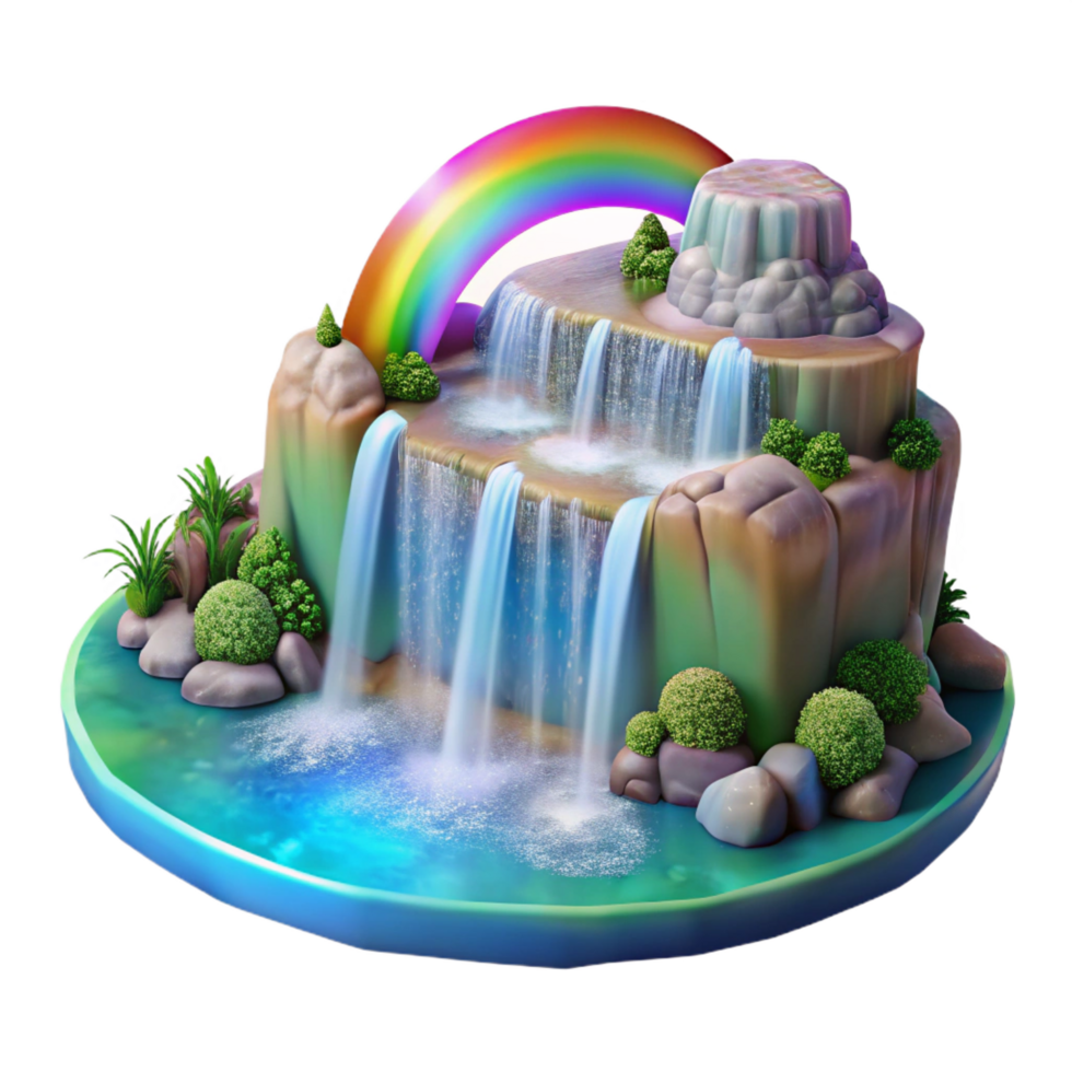 mesmerizing timeless A magical waterfall cascading into a crystal clear pool, rainbow lighting, fantasy realism style png
