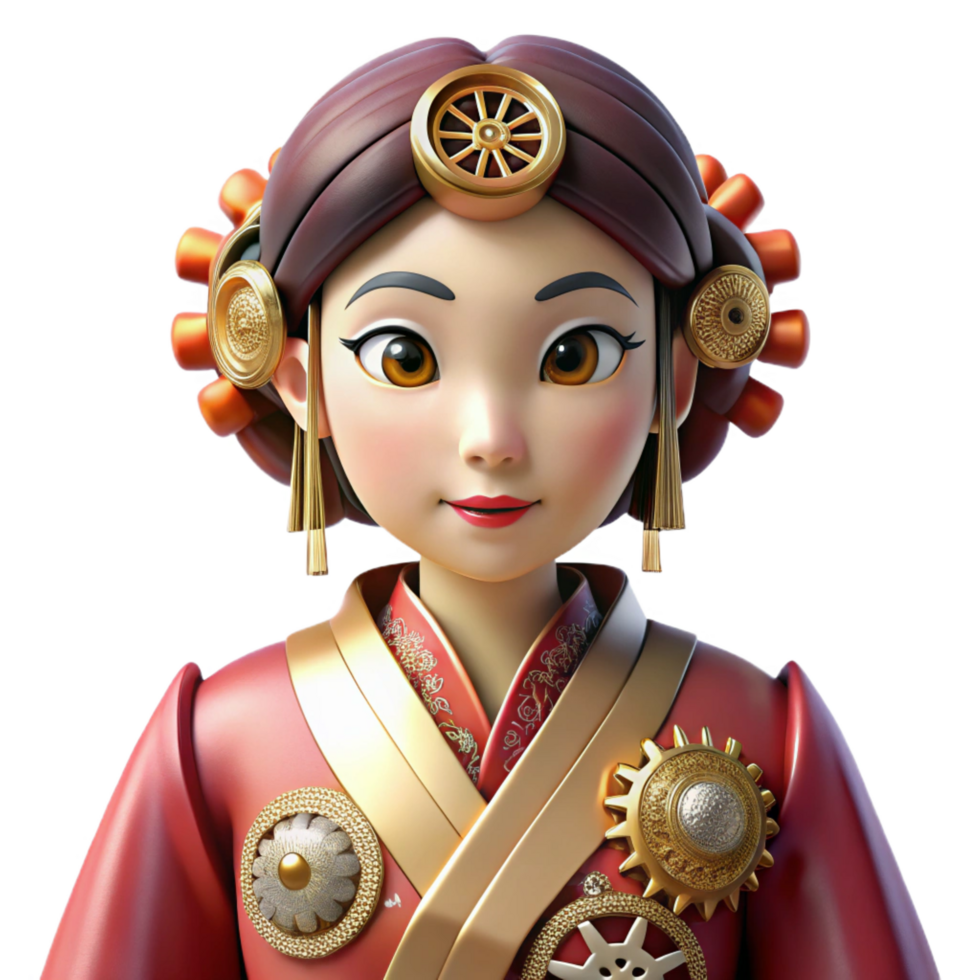 radiant industrial A beautiful steampunk automaton, resembling a geisha, adorned with intricate clockwork mechanisms and silken robes. Soft, diffused lighting with a warm color palette professional png