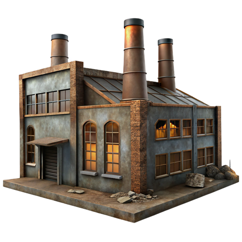 dazzling remarkable Abandoned industrial factory, rusting metal and broken windows, dim overcast lighting, gritty realism style png