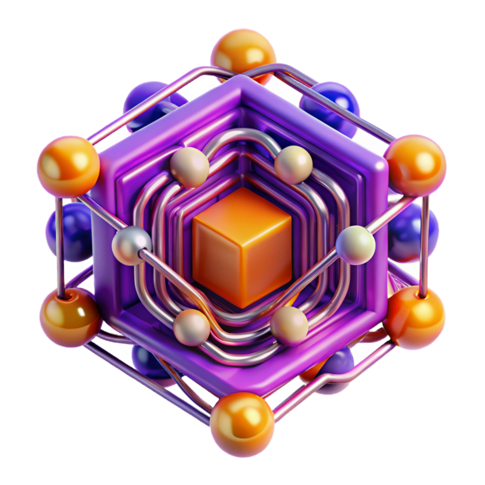 quintessential art deco A quantum computer, glowing wires and nodes, complex patterns, vibrant purple and orange hues, abstract art style high quality png