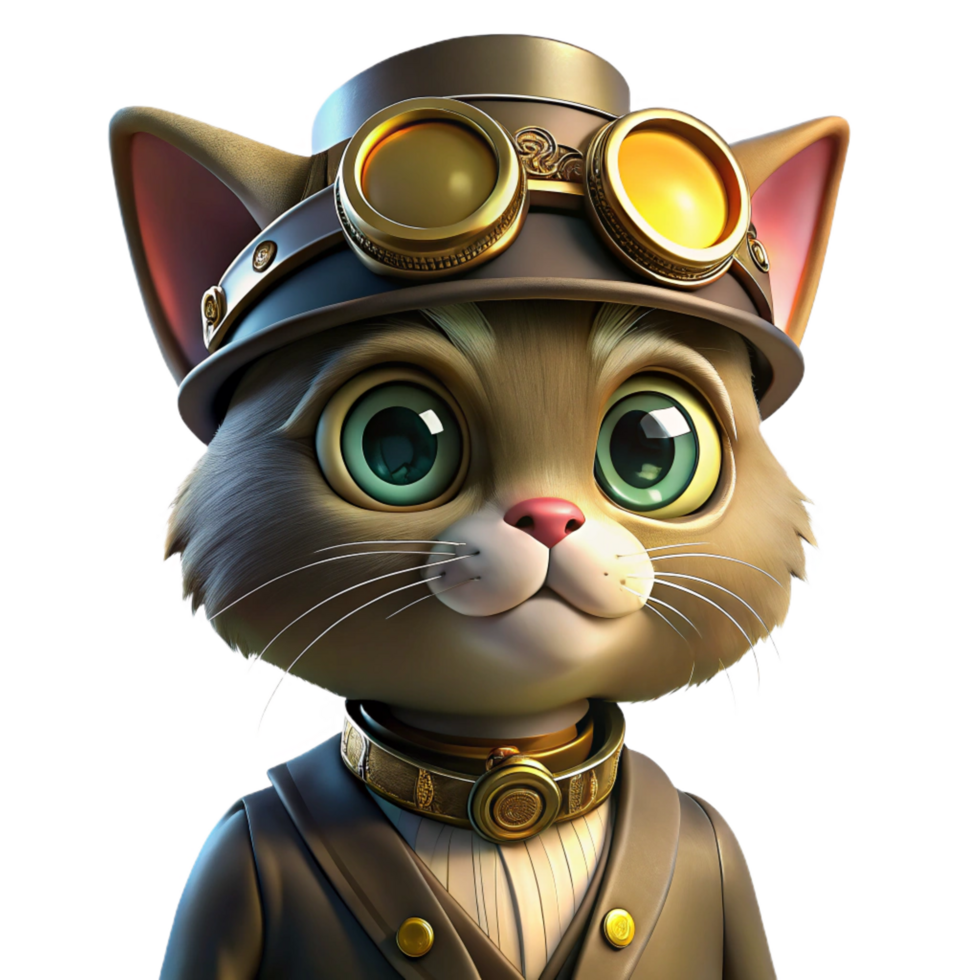 fascinating playful renaissance A portrait of a steampunk cat wearing goggles and a tiny top hat, with gears and springs embedded in its fur, lit by a soft, warm lamplight precision png