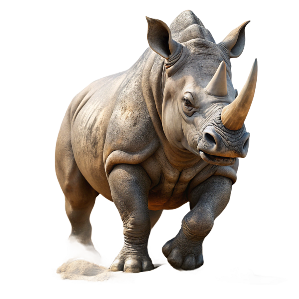 impressive calm victorian A powerful rhinoceros charging through the bush, dramatic dust and light, depicted in a dynamic, realistic style genuine png