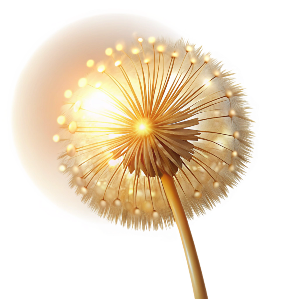 majestic whimsical surreal A single dandelion seedhead, backlit by golden sunlight, bokeh effect, delicate and ethereal, detailed png