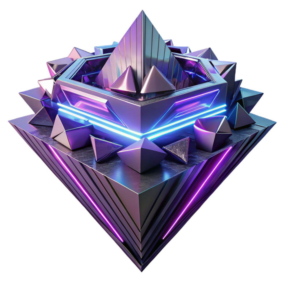wonderful playful renaissance Geometric fractals cascading into a chaotic abyss, lit by sharp, contrasting neon lights, in a cyberpunk, glitch art style refined png