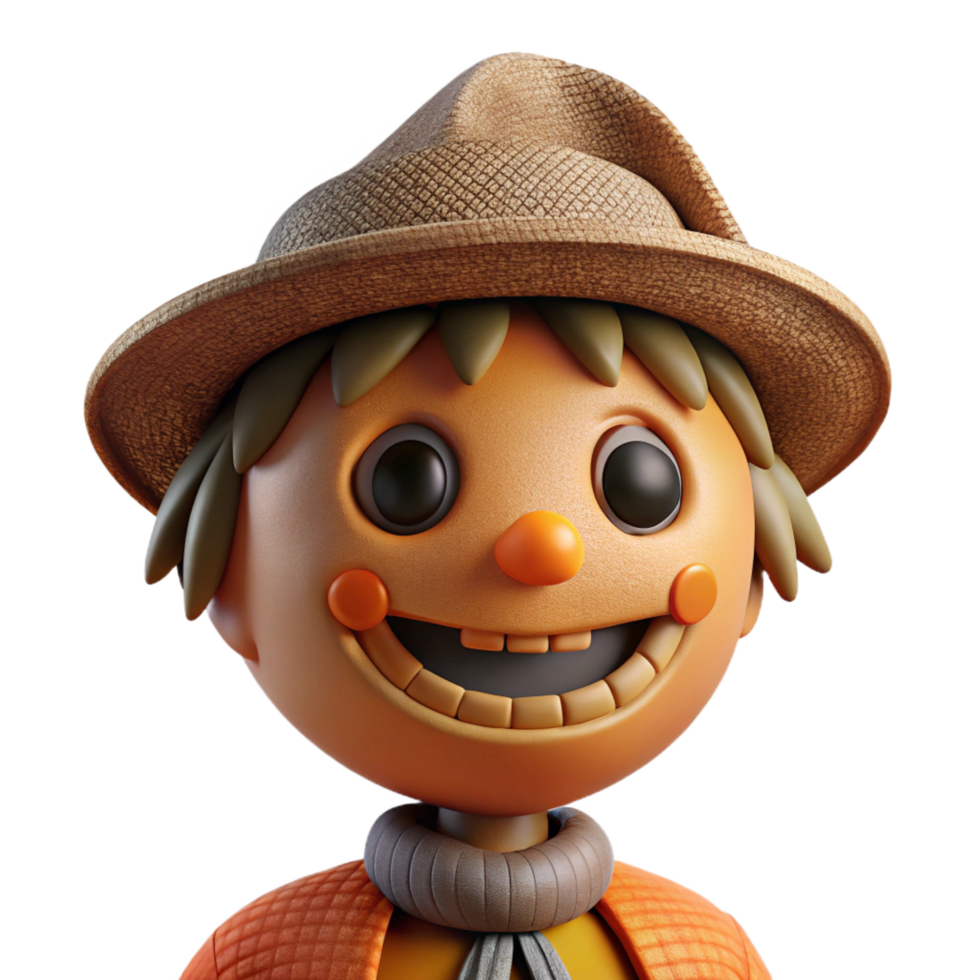 tranquil gorgeous Portrait of a whimsical scarecrow with a stitched smile, autumnal lighting, folk art style detailed png