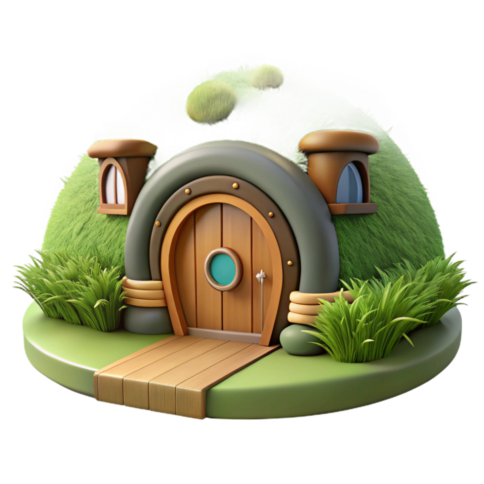 beautiful passionate nordic A hobbit hole built into a hillside, round wooden door, lush green grass, idyllic atmosphere, fantasy style, handcrafted png