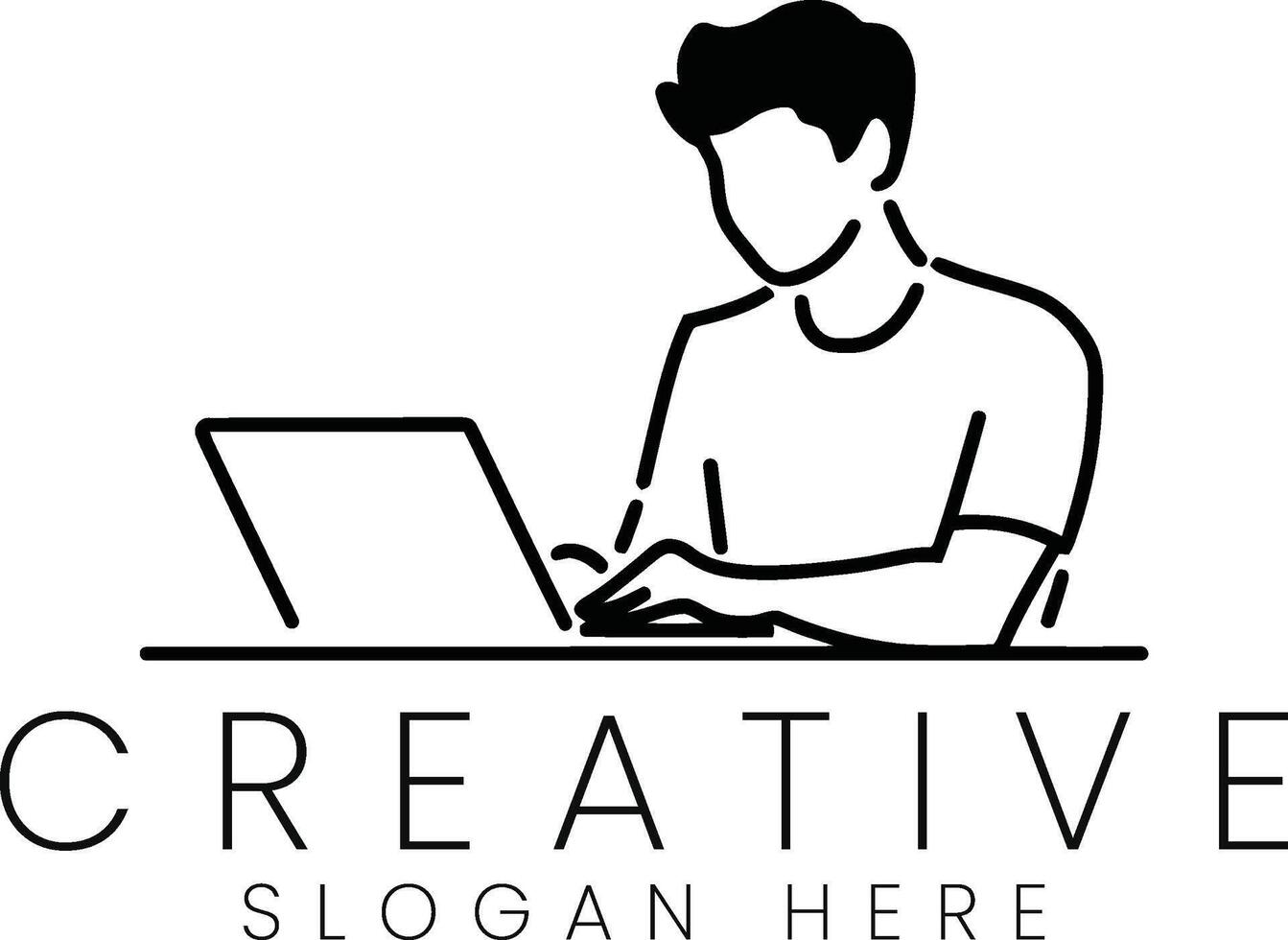 Simple Minimalist Man Working Laptop Creative Design art line icon logo flat black white vector