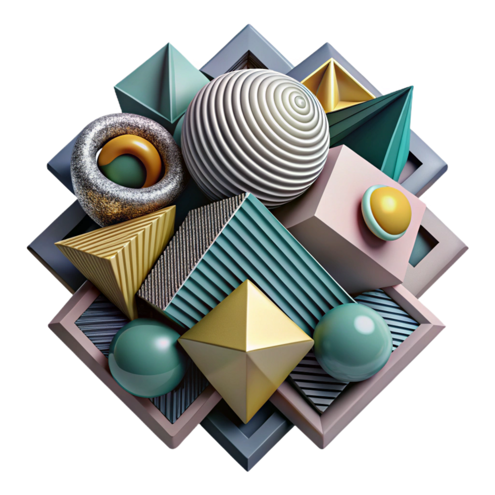 wonderful notable A complex, layered composition of geometric shapes and patterns, in a bold, graphic style, with high contrast lighting png