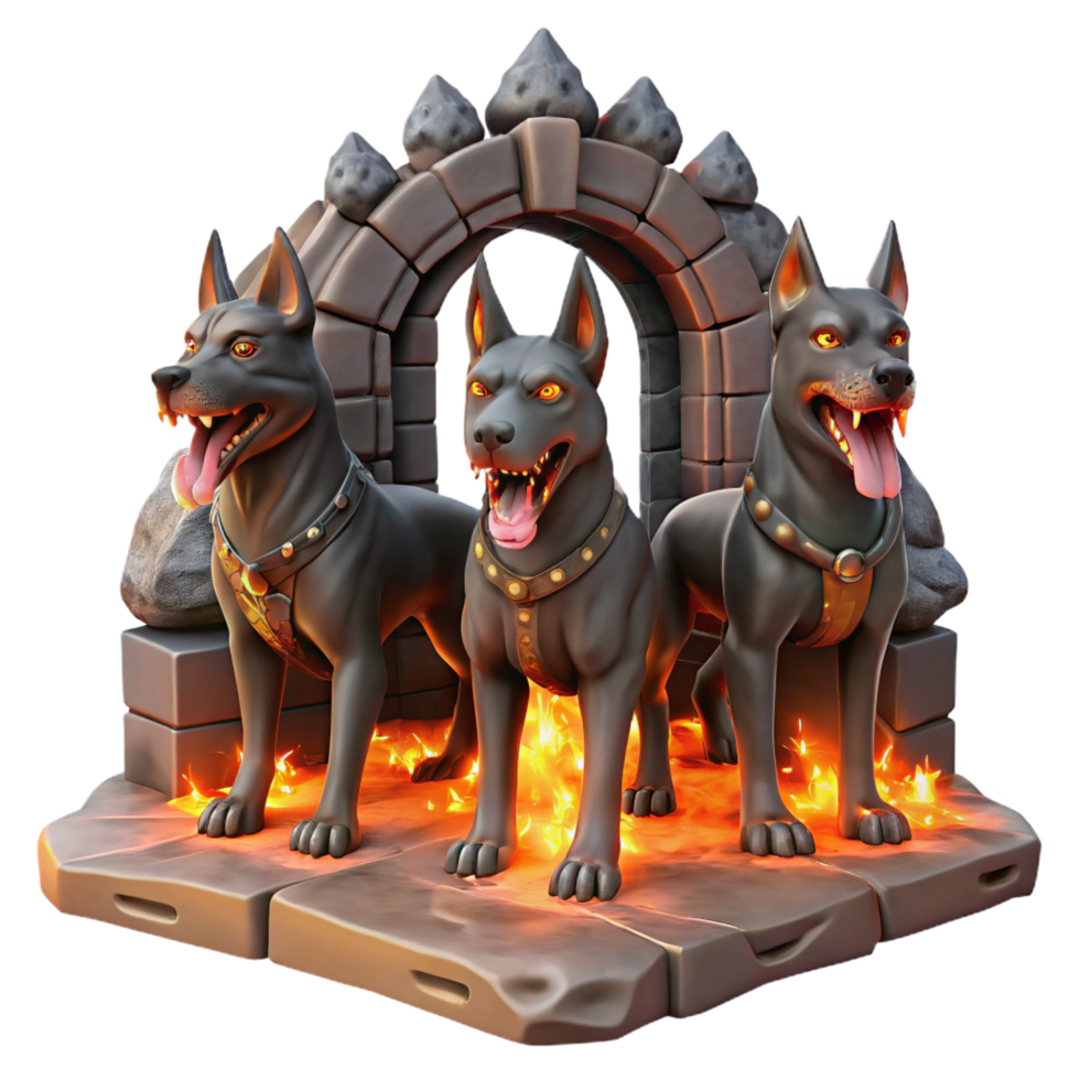 radiant timeless Cerberus, the three headed dog, guarding the gates of Hades, glowing embers illuminating the hellish landscape, dark fantasy art style png