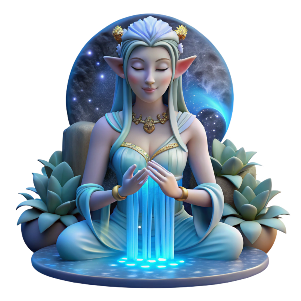 dreamy spectacular A beautiful elf with intricate floral tattoos meditating beneath a cascading waterfall of moonlight, ethereal, glowing lighting, Art Nouveau style elite png