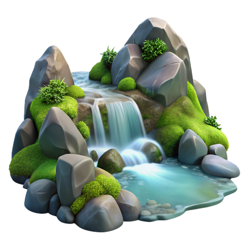 harmonious radiant A crystal clear mountain stream cascading over smooth rocks, surrounded by lush green moss, photorealistic style high resolution png