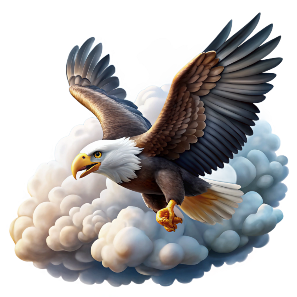 striking nostalgic organic A majestic bald eagle soaring through the sky, dramatic clouds, patriotic theme, digital painting studio quality png
