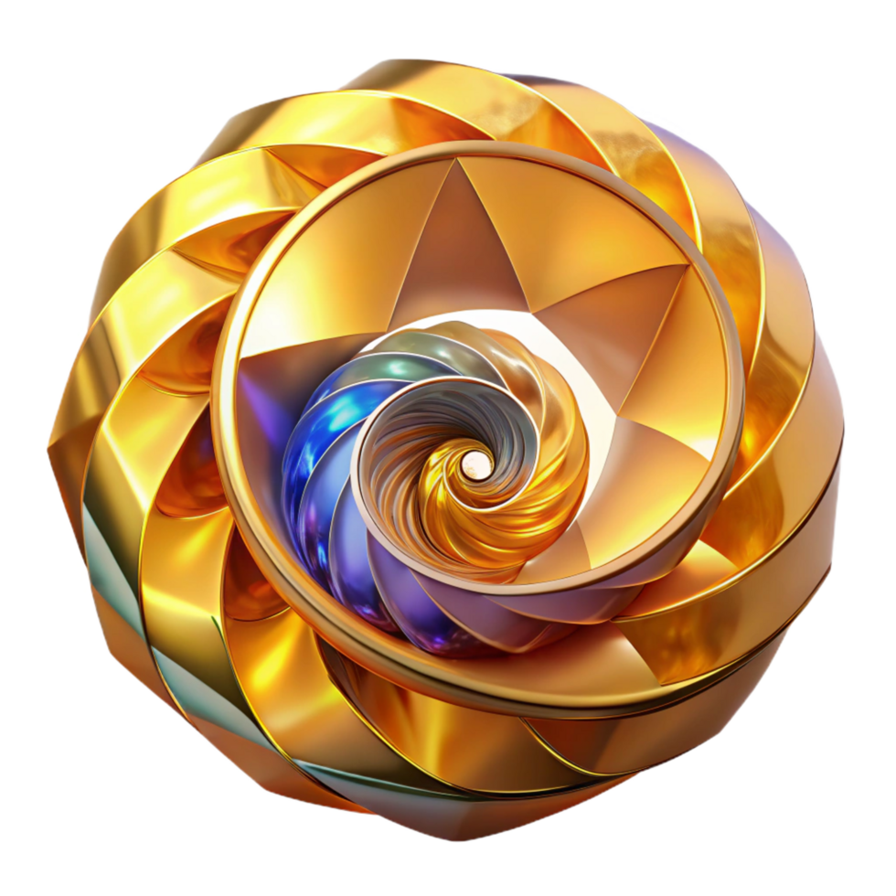 rare vintage Golden ratio spirals made of interconnected, glowing, crystalline shards, with a volumetric lighting setup and a touch of chromatic aberration premium png