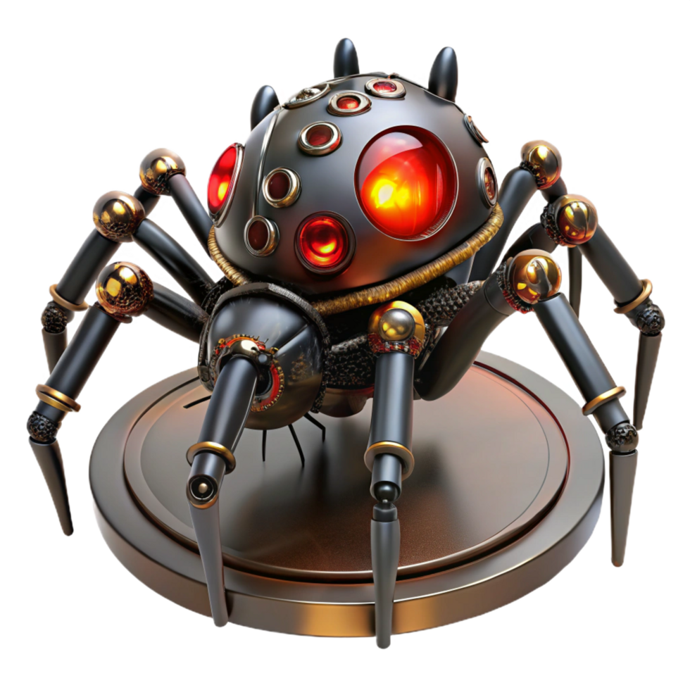 immaculate futuristic A steampunk spider with brass legs and glowing red eyes, crawling on a web of gears, dark, mysterious lighting, horror style elite png