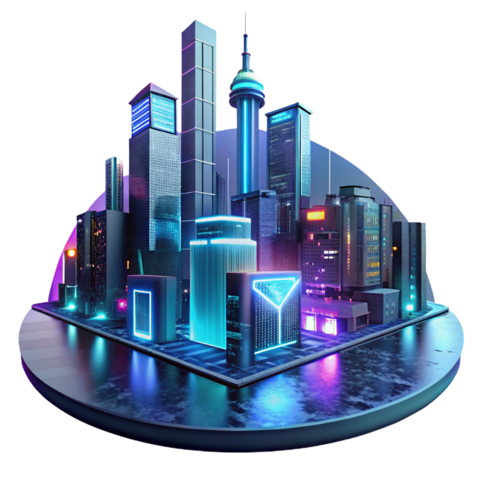 reflective immaculate A futuristic cityscape at night, towering holographic advertisements shimmering in the rain, cyberpunk style, neon lights reflecting in puddles, viewed from a low angle genuine png