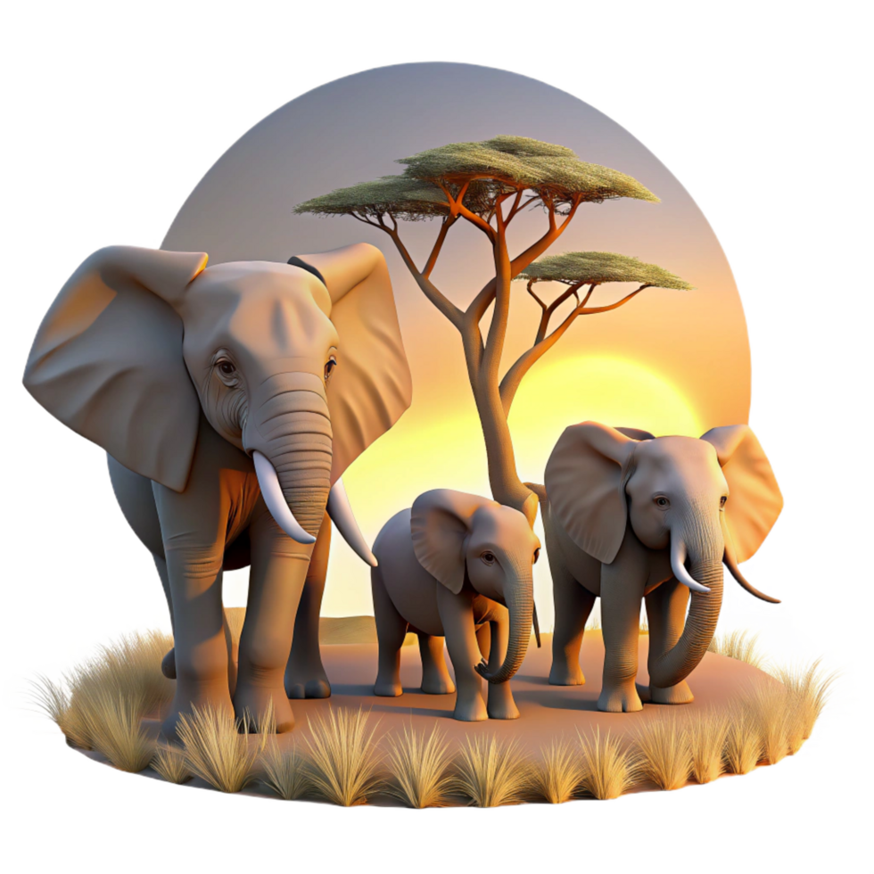 serene acclaimed A family of elephants walking through the savanna at sunset, the warm light casting long shadows, in a peaceful, picturesque style png