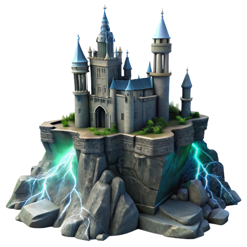 unforgettable creative Medieval castle on a rocky cliff, stormy skies and lightning strikes, dramatic lighting, dark fantasy style top tier png
