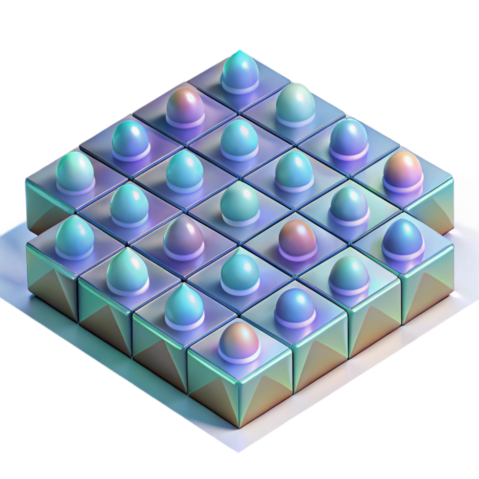 magnificent retro A field of geometric shapes arranged in a grid pattern, with a holographic texture and a shifting color scheme. Ambient occlusion sharp png