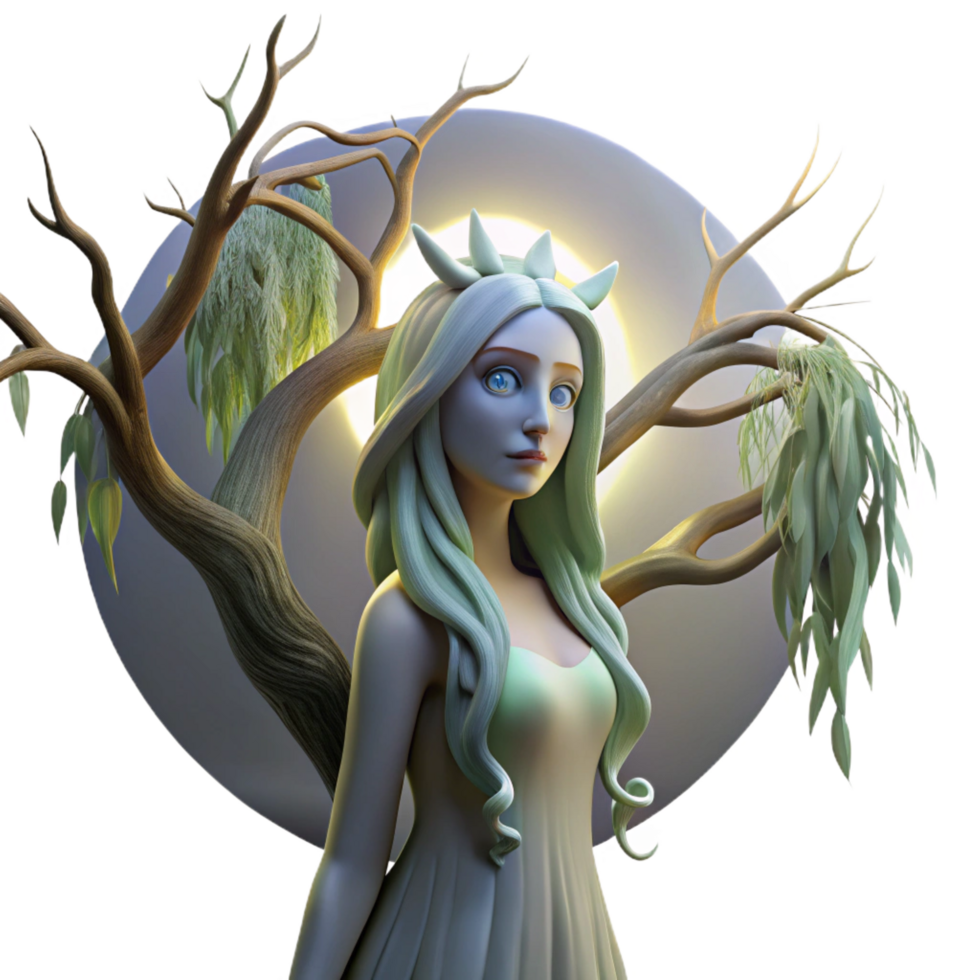 vibrant creative A serene dryad emerging from a willow tree, bathed in soft moonlight, pre Raphaelite style flawless png