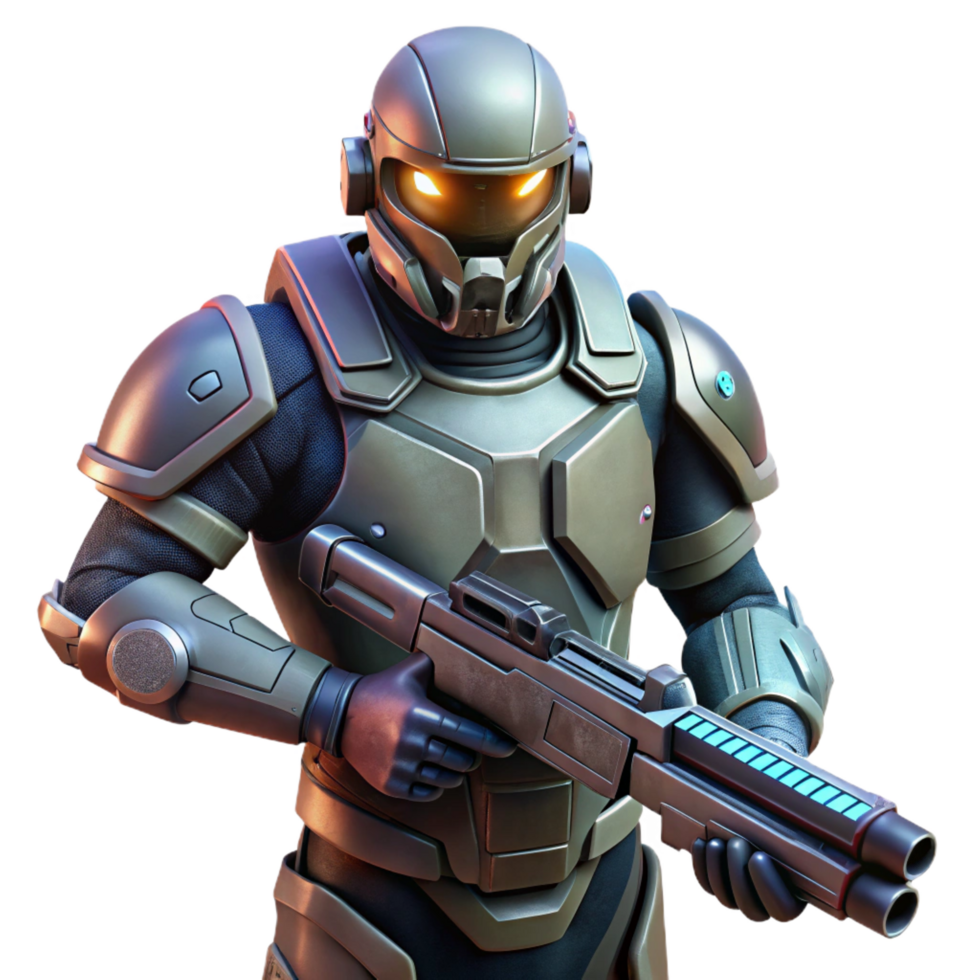 captivating dynamic contemporary A futuristic soldier wearing power armor, holding a plasma rifle, dark and gritty style artisan png
